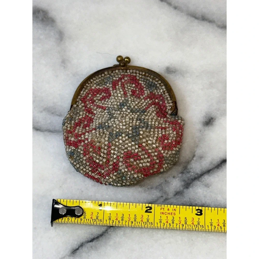 Antique Micro Beaded Coin Purse Red White Blue Kiss Lock Small Pouch 3x3.25in
